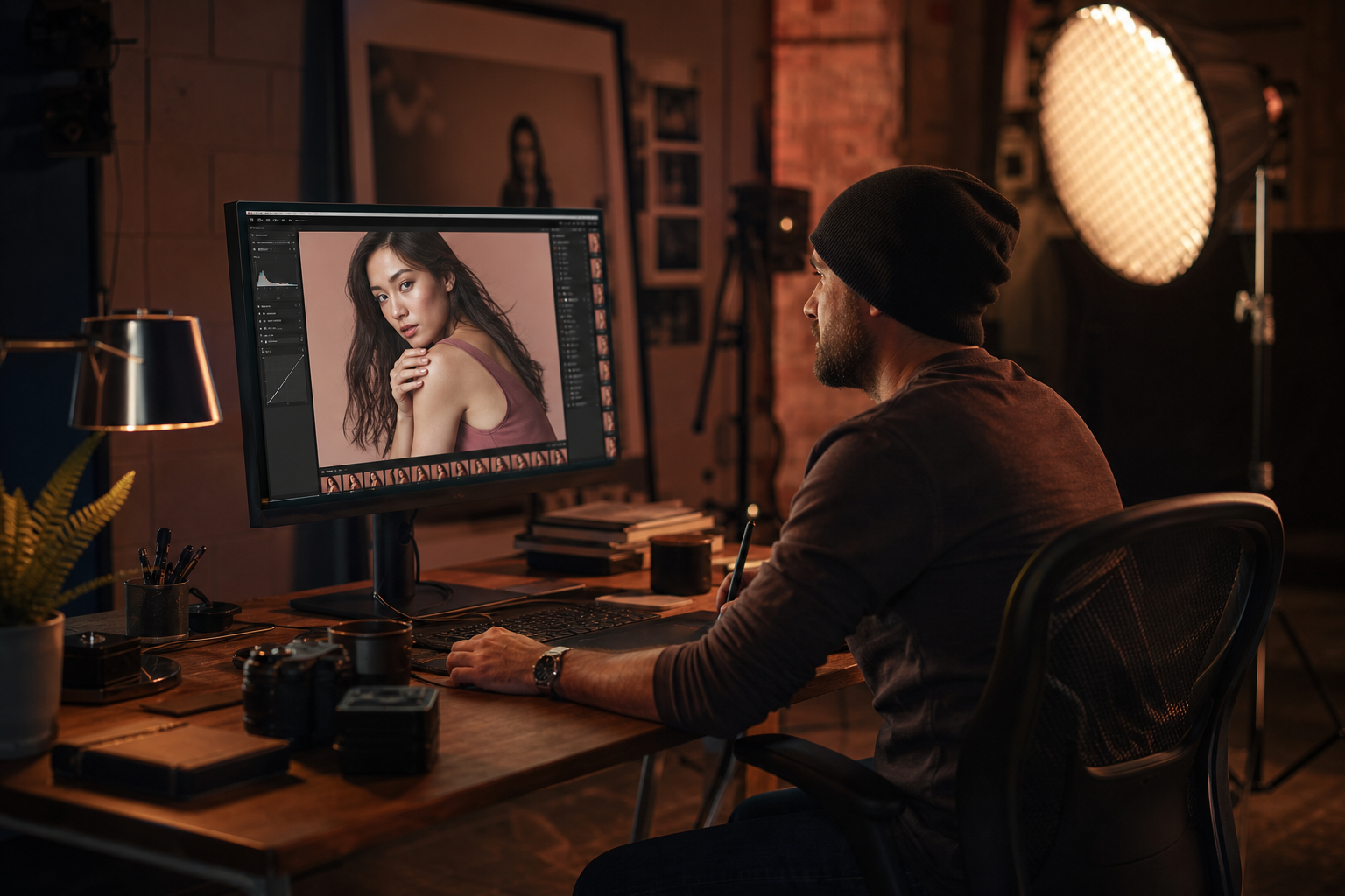 Retoucheur professionnel réalisant un étalonnage colorimétrique sur écran calibré dans un studio à Avignon